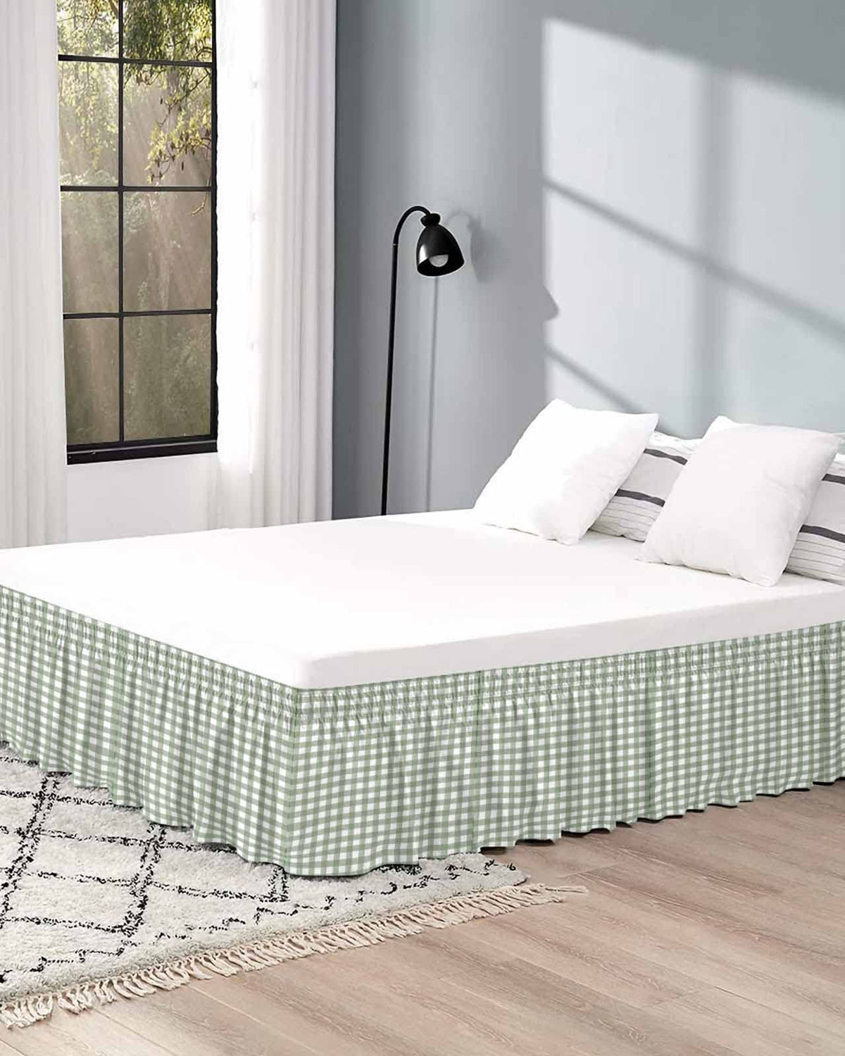 Sage Green Buffalo Plaid Bed Skirt 18 Inch Drop, Adjustable Elastic Bedskirt Dust Ruffle for Bed