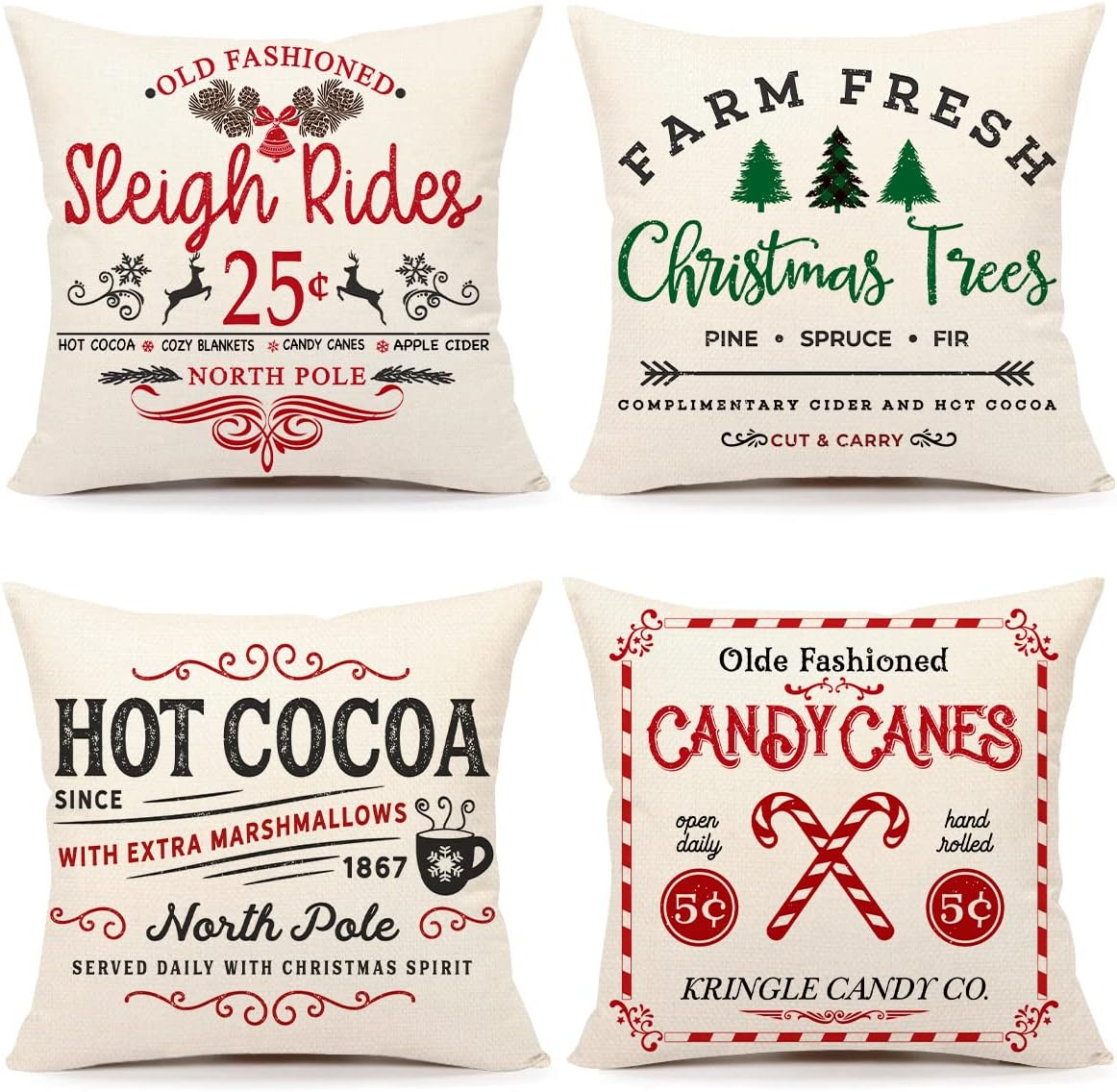 Farmhouse Christmas Pillow Covers 18x18 Winter Holiday Decorations Xmas Rustic Throw Cushion Case for Sofa - Set of 4