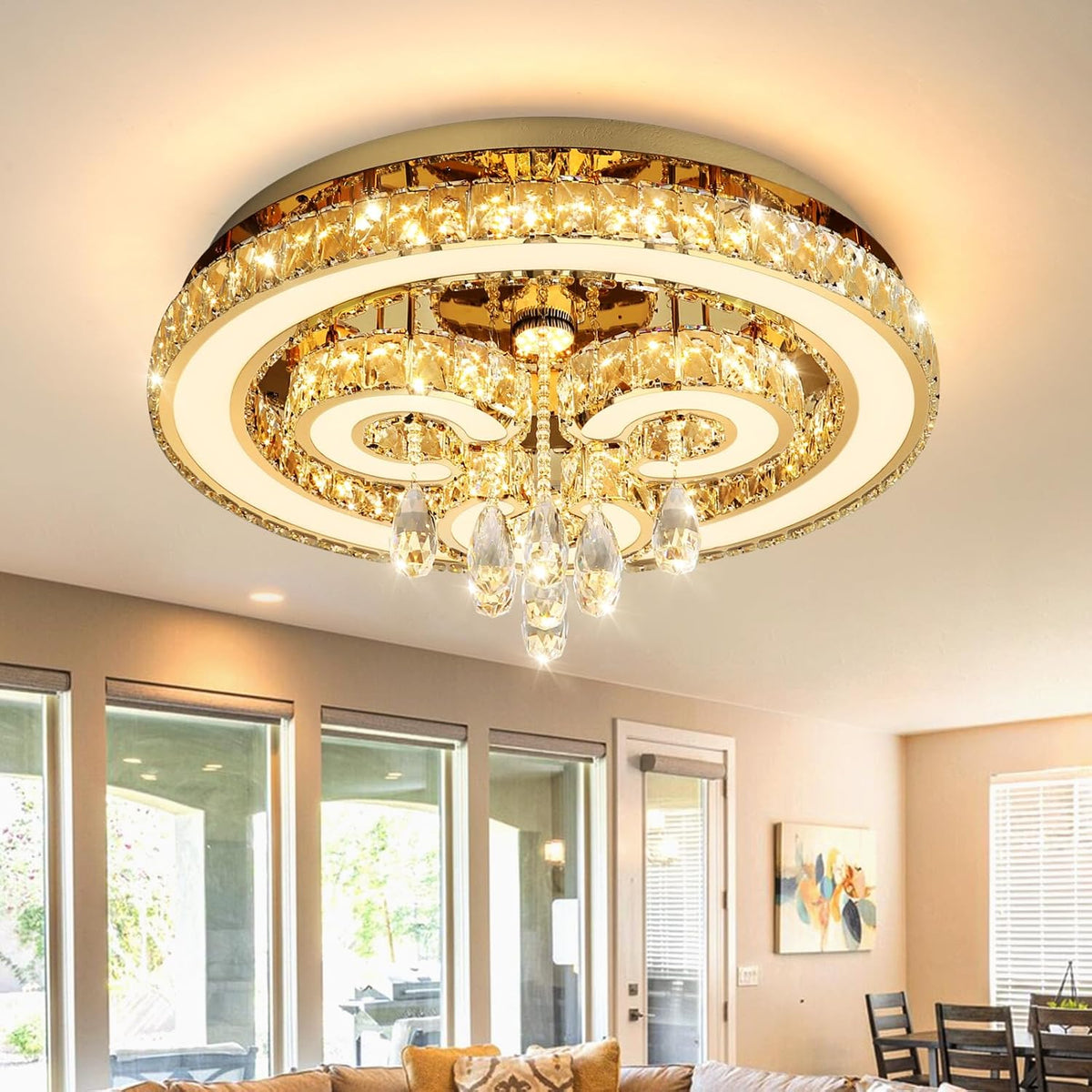 Modern LED Crystal Flush Mount Bedroom Chandelier, Integrated