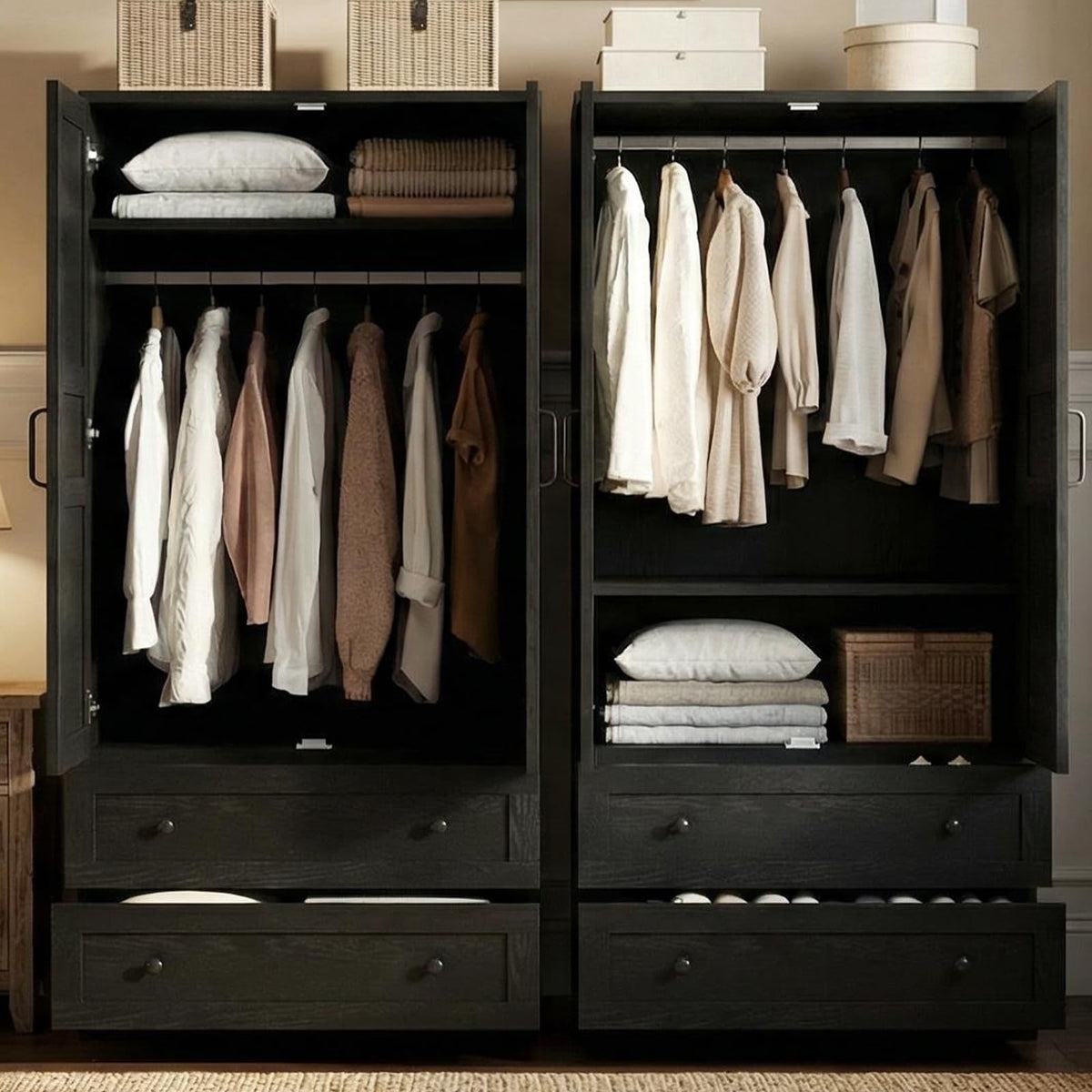 Armoire Wardrobe Closet with 2 Drawers, 72" Tall Wooden Clothing Wardrobe with Hanging Rod & DIY Adjustable Shelf