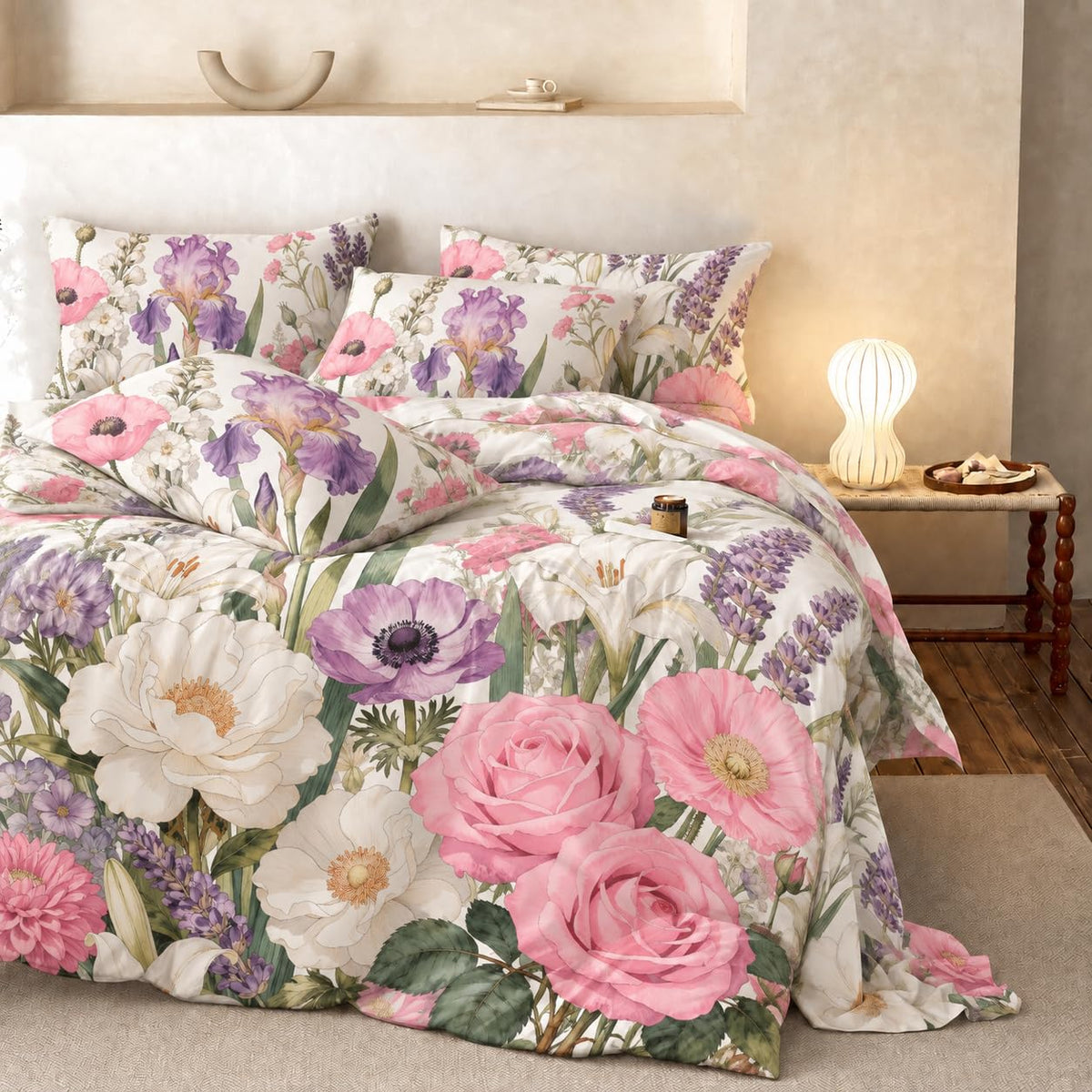 Victorian Pink Floral Comforter Set for Girls Women, Queen