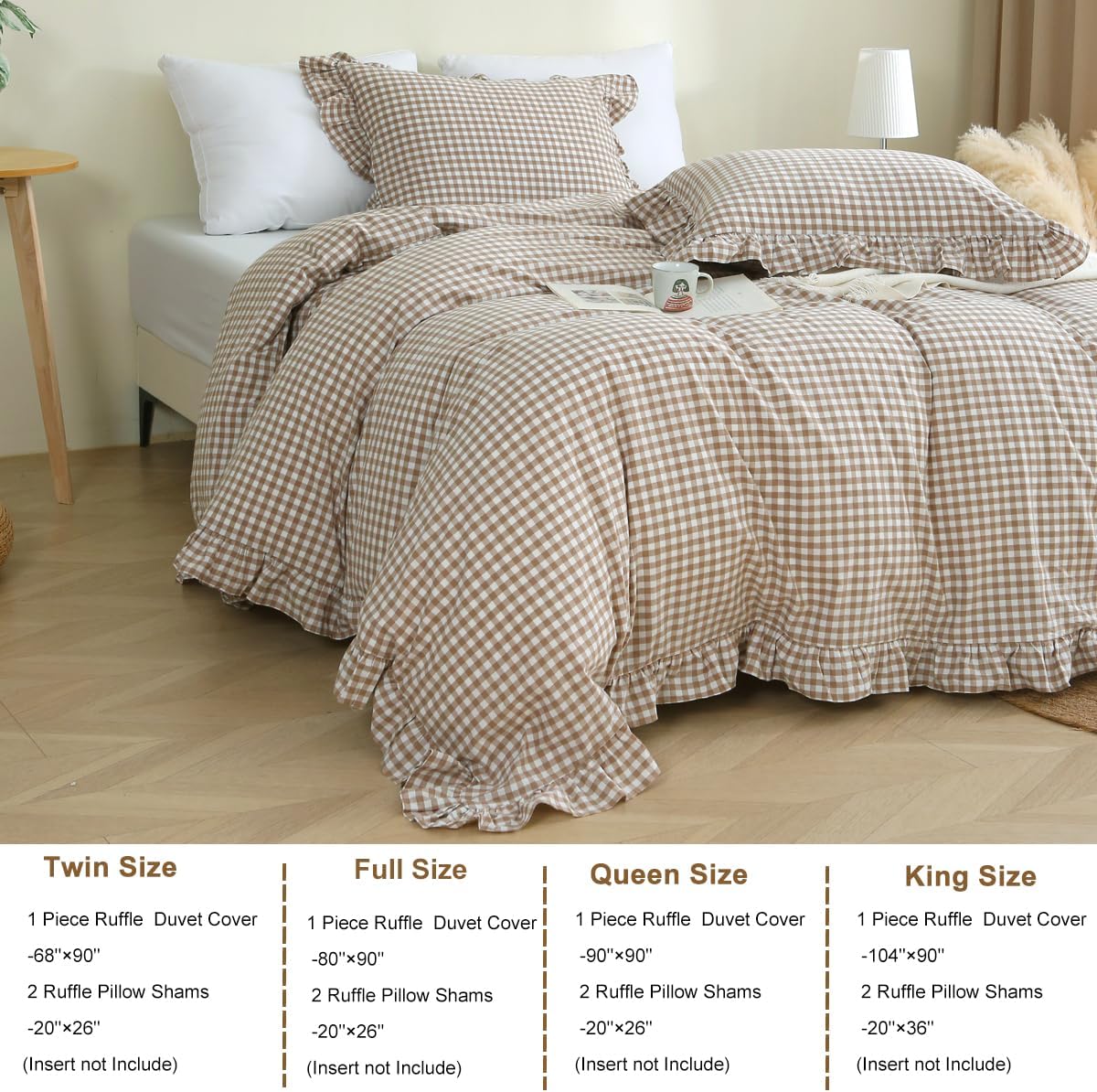 Taupe/White Plaid Ruffle Duvet Cover,100% Washed Cotton 3 Pcs Vintage Checkered Chic Gingham Bedding Set