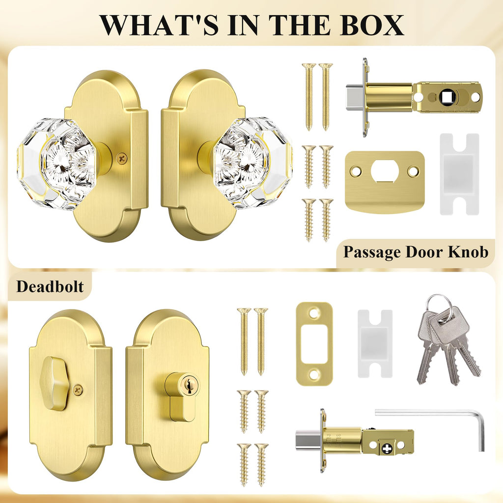 Satin Gold Door Knobs with Deadbolt, Glass Door Knob with Deadbolt Lockset