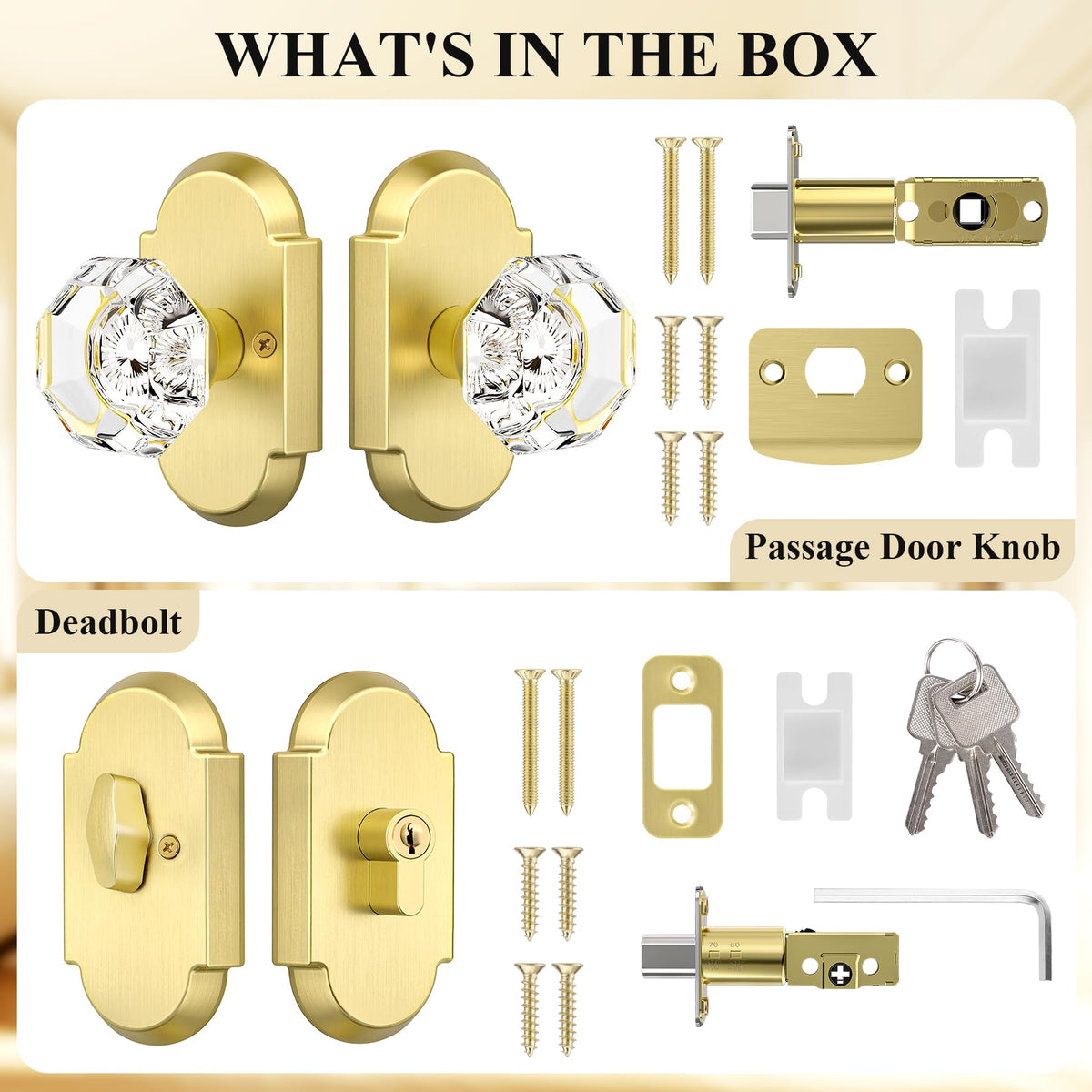 Satin Gold Door Knobs with Deadbolt, Glass Door Knob with Deadbolt Lockset