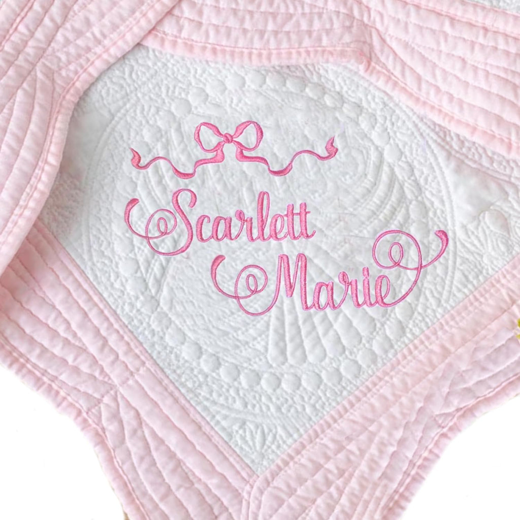 Personalized Baby Blanket Quilt with Name, Custom Embroidered Monogrammed and Bow Nursery Blankets Heirloom Quilt