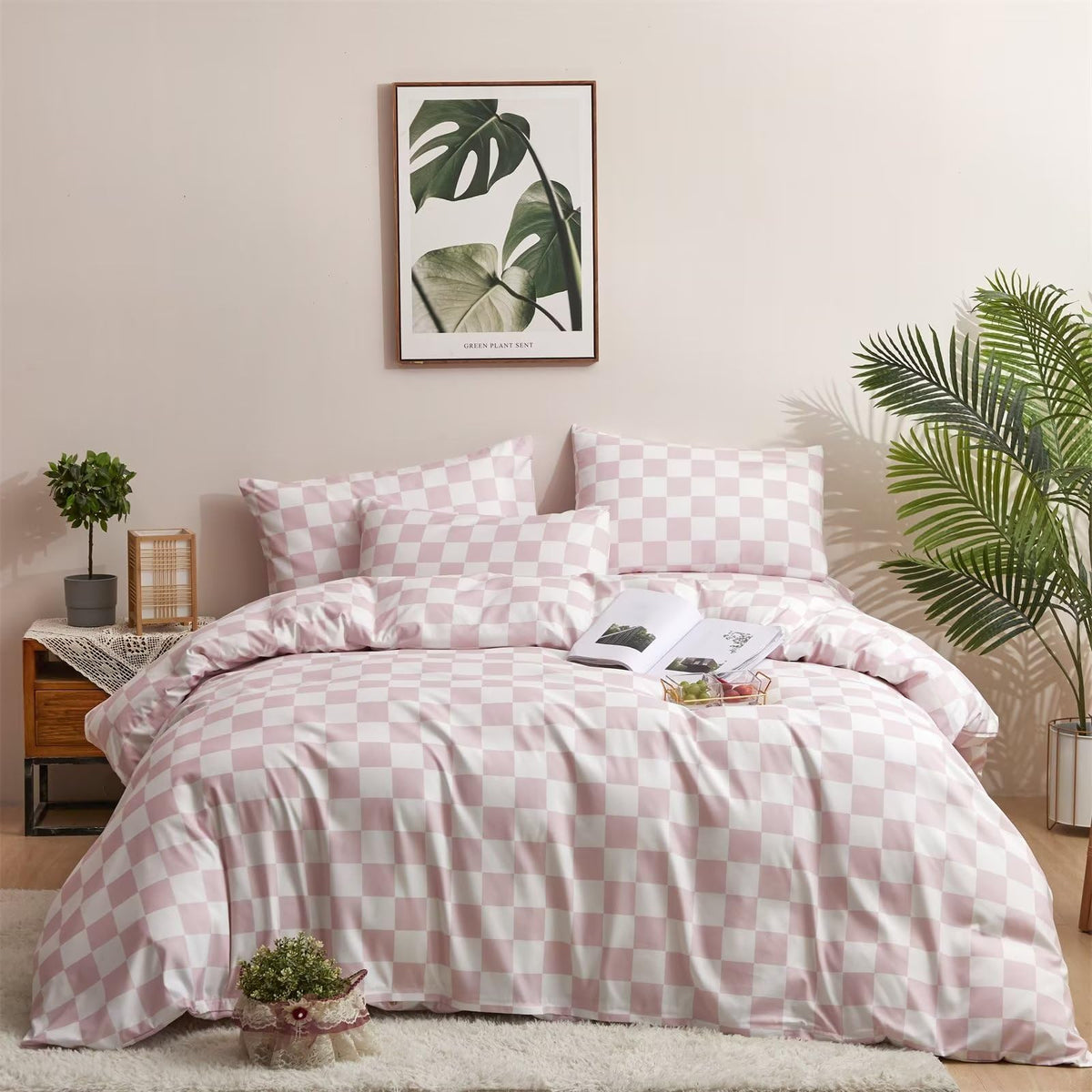 White and Pink Duvet Cover Plaid Checkerboard Bedding Set