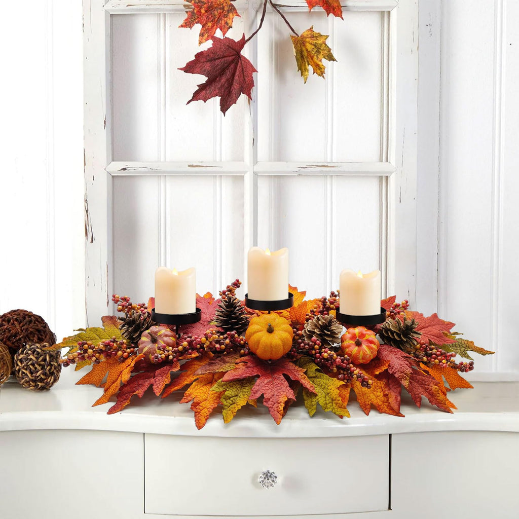 Fall Centerpiece Table Decorations, 27.5'' L Assorted Artificial Pumpkins, Pine Cones, Berries, and Autumn Leaves