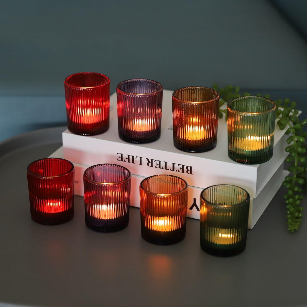 4 Colors Ribbed Glass Votive Candle Holders for Fall Decor, Set of 12