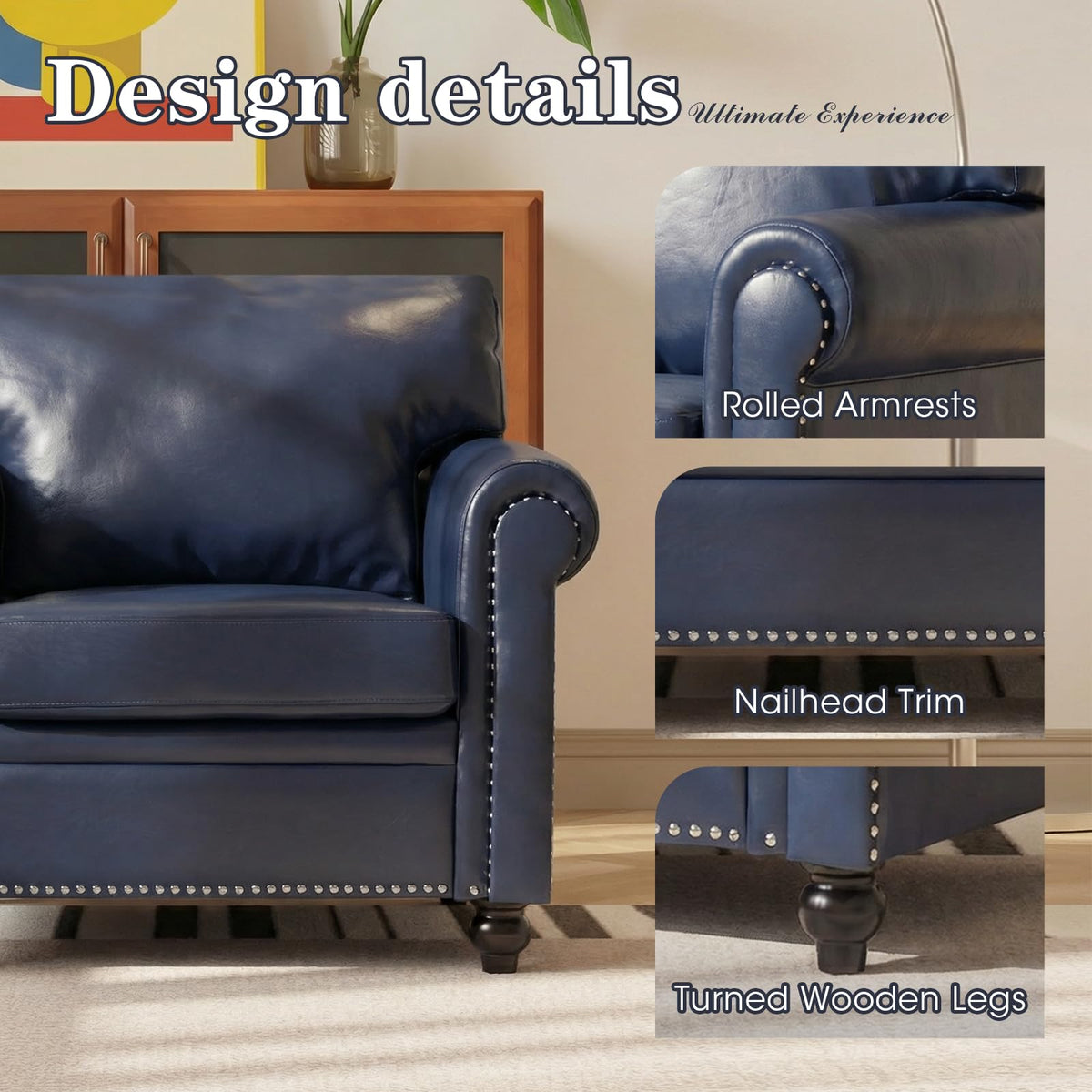 3 Piece Living Room Set, Chesterfield Sofa & 2 Accent Chairs, Faux Leather Couch Set with Nailhead Trim, Midcentury