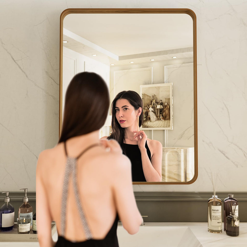 22X30 Inch Bathroom Mirror with Wood Grain Colored Metal Frame