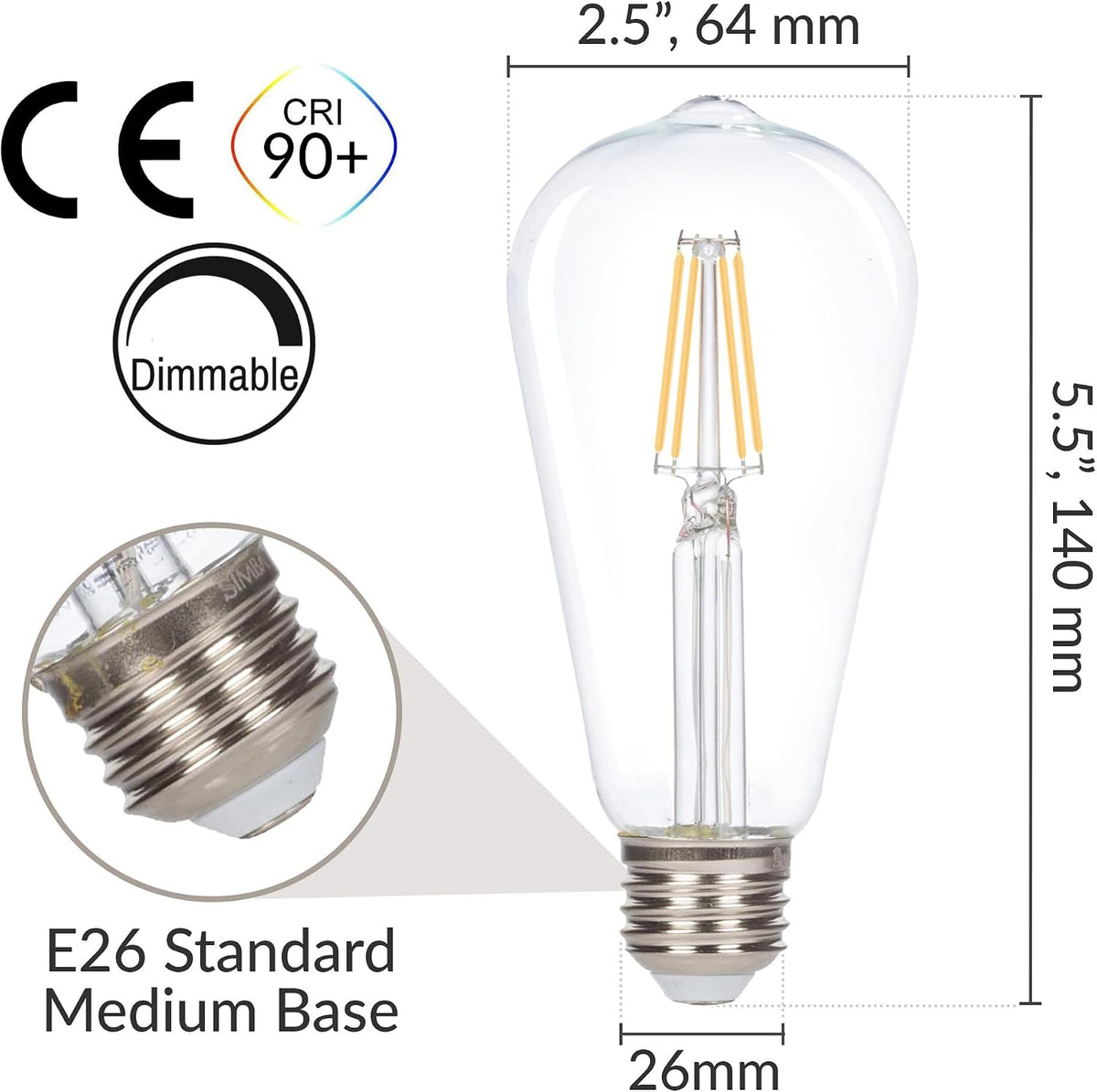 LED Edison Vintage Filament ST21 4W Bulbs E26, 2700K, 6 Pack