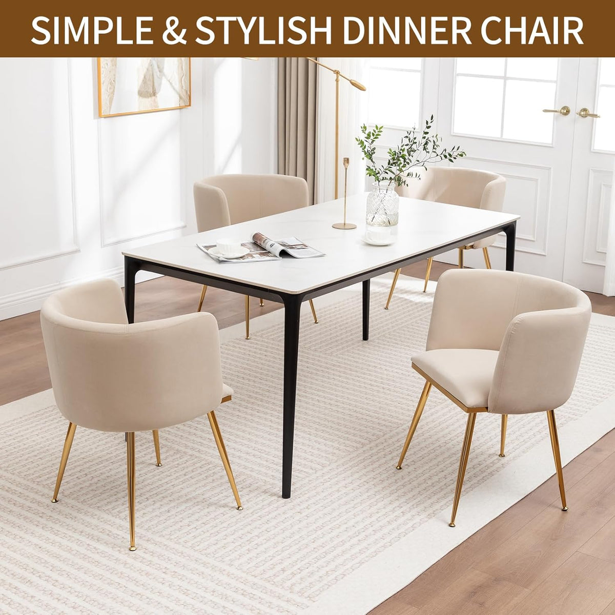 Velvet Dining Chairs Set of 4, Barrel Dining Chairs with Gold Metal Legs