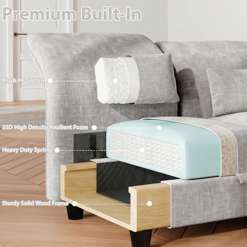 L Shaped Sectional Sofa, 5-Seater Grey Chenille Modular Couch