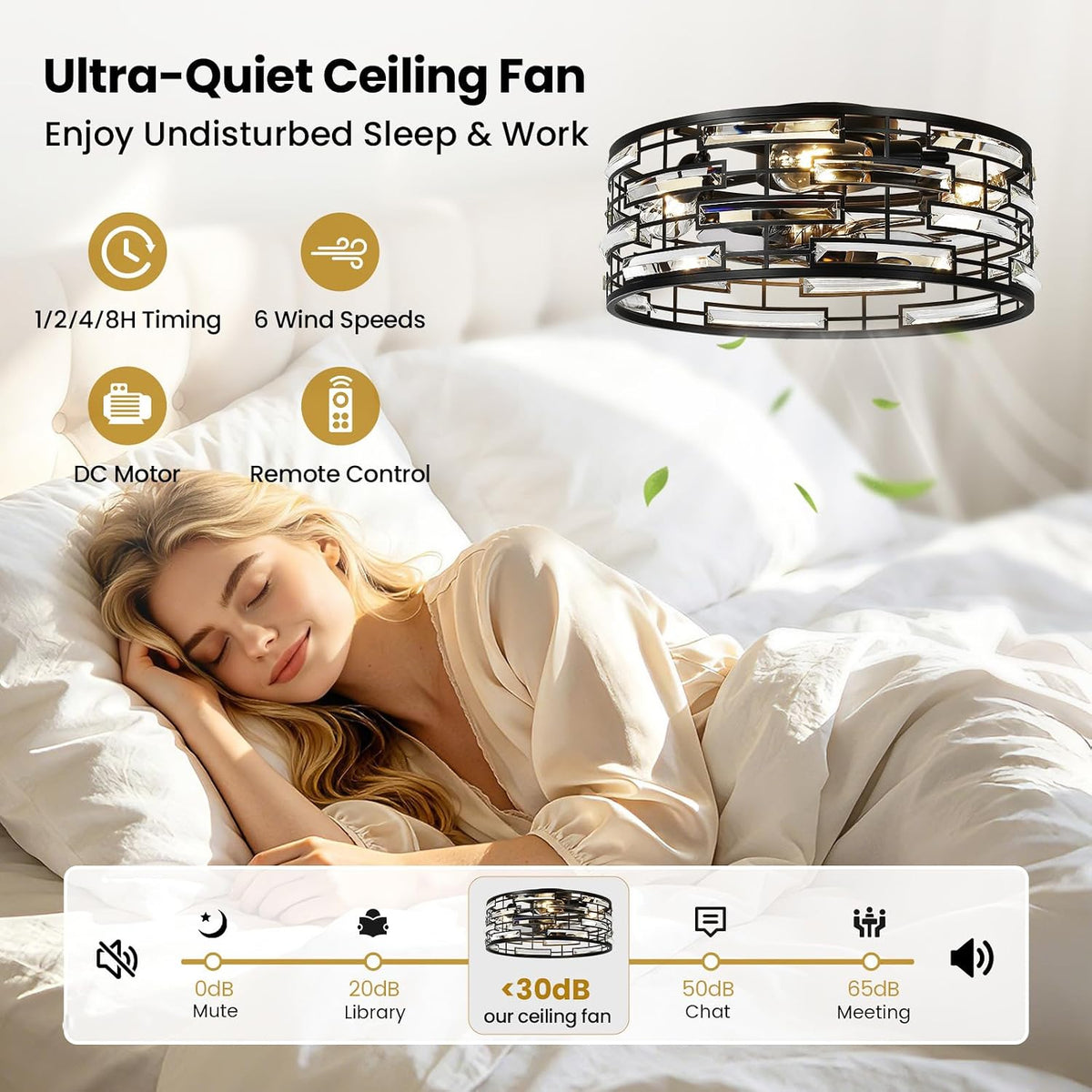 18.9" Black Flush Mount Caged Crystal Ceiling Fan with Light