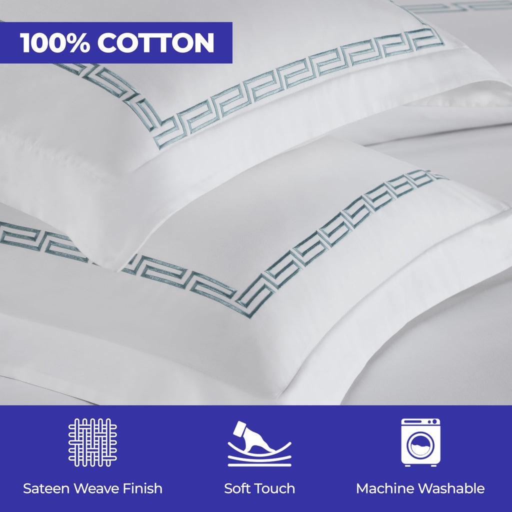 Embroidered Cotton Duvet Cover Set, Soft Bedding Covers, 1 Duvet Cover with Button Closure, 2 Pillow Shams, Greek Key
