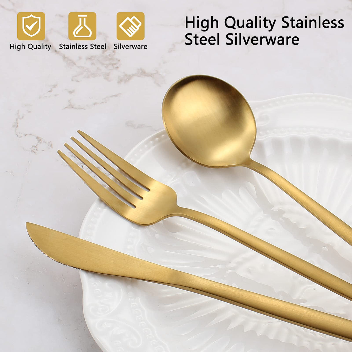 Matte Gold Silverware Set, 60-Piece Stainless Steel Flatware Set, Satin Finish tableware Cutlery Set, Service for 12