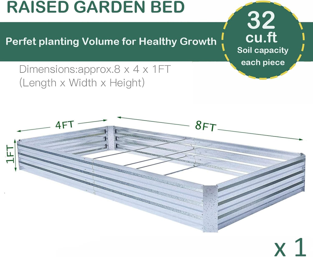 Galvanized Raised Garden Bed 8x4x1ft Single Unit | Above Ground Planter Overlap Panels No-Deform, Anti-Rust