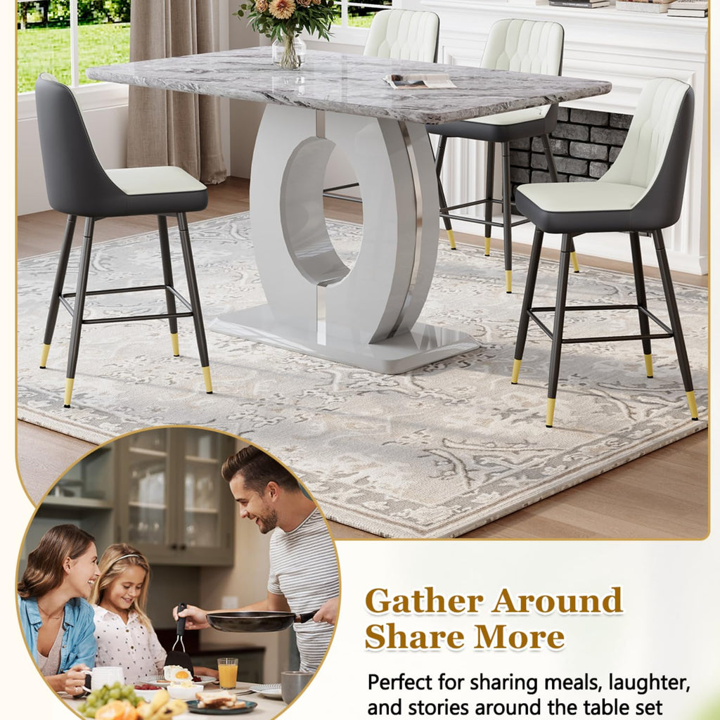 63'' Marble Dining Table Set for 4, Modern Counter Height Dining Table Set, Grey High Top Table with Leather Bar