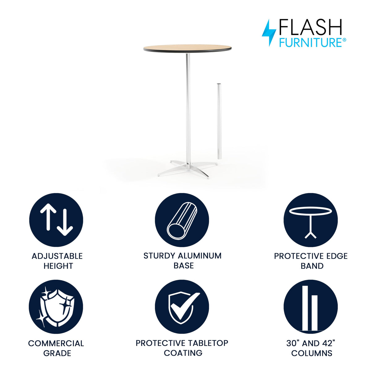 Lars 30" Round Cocktail Table with 30" and 42" Columns, Adjustable Standard or Bar Height Round Table for Events or