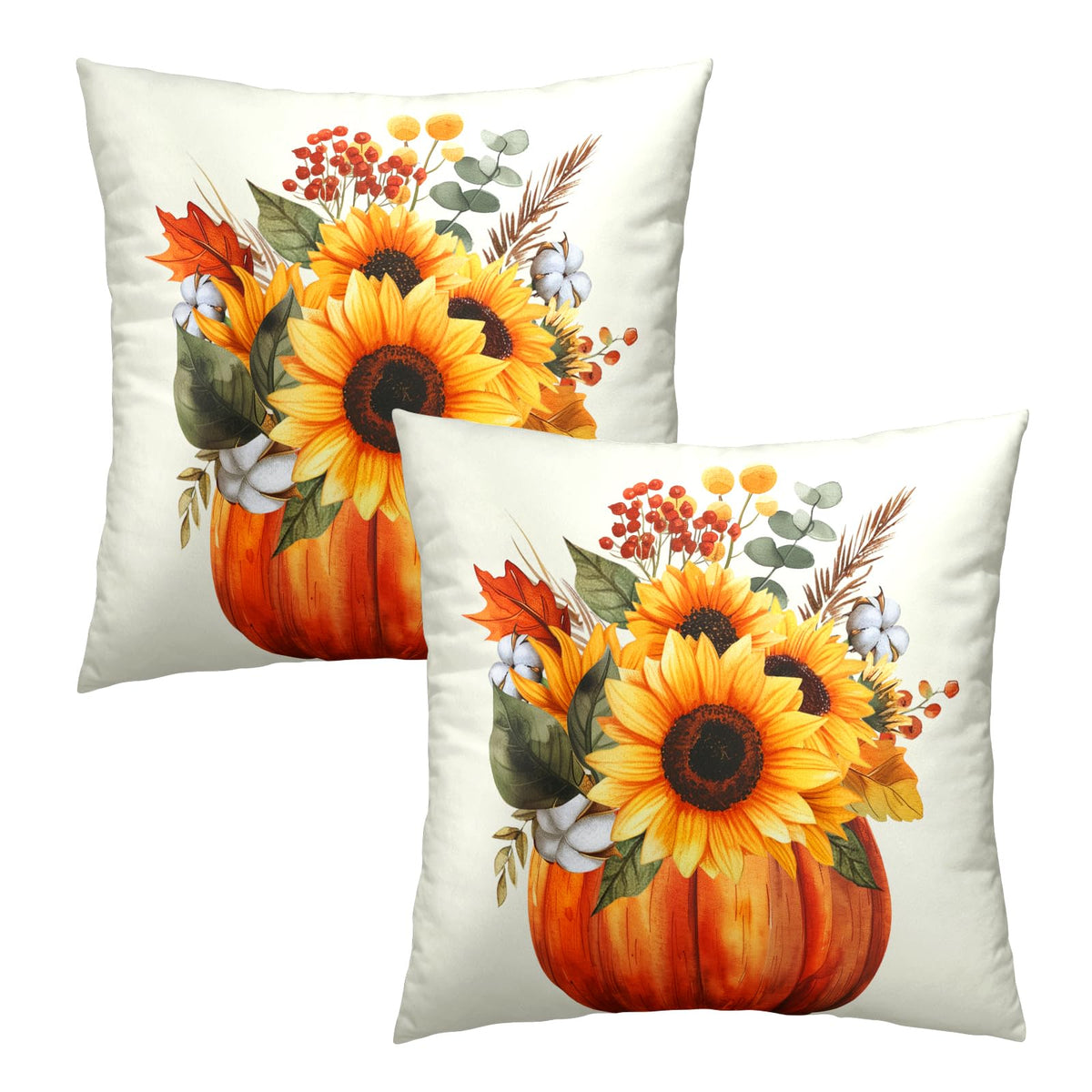 Fall Sunflower Pumpkin Pillow Cover Set of 2-22x22 Inch Autumn Flower Floral Harvest Seasonal Decorative Sofa Couch