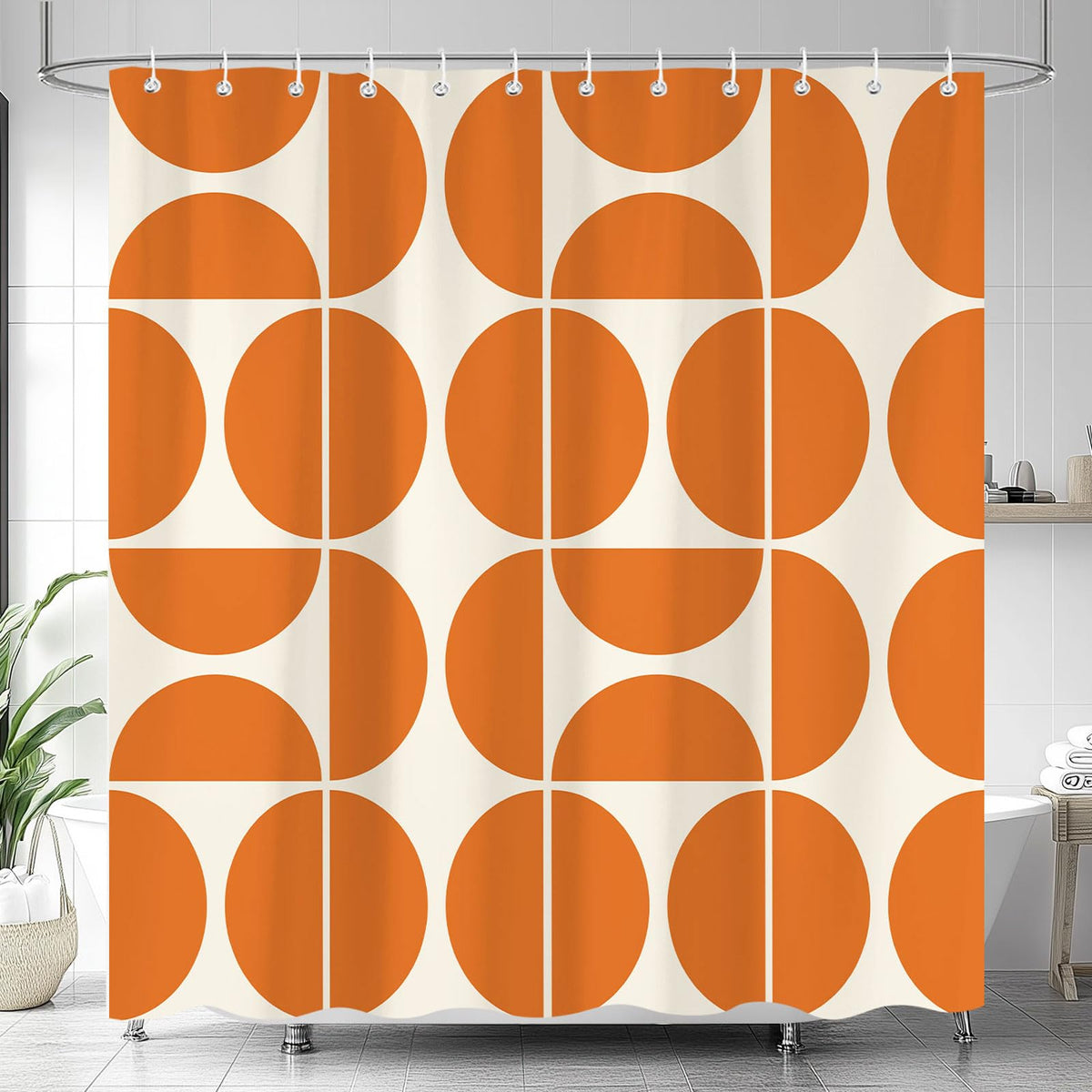 Orange Mid Century Modern Shower Curtain, Boho Abstract Geometric Retro Art Bath Curtains, Colorful Unique Pattern