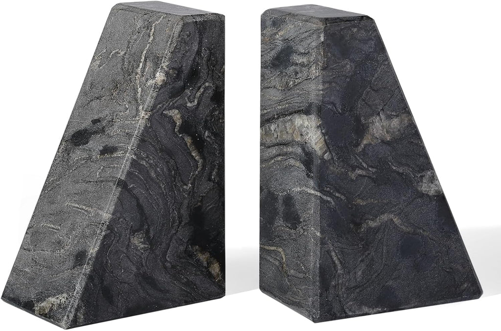 Marble Bookends for Heavy Books, Decorative Book Ends for Shelves, Titanium Black Stone Durable and Heavy-Duty Book
