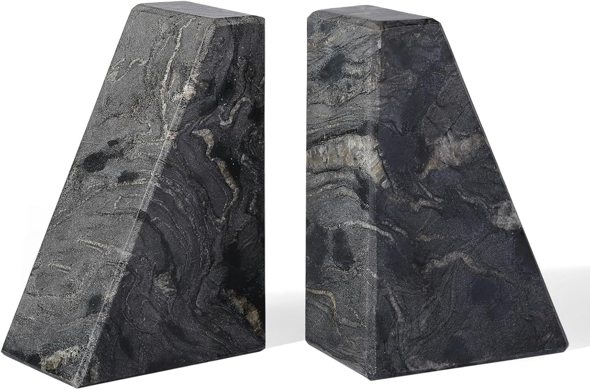 Marble Bookends for Heavy Books, Decorative Book Ends for Shelves, Titanium Black Stone Durable and Heavy-Duty Book