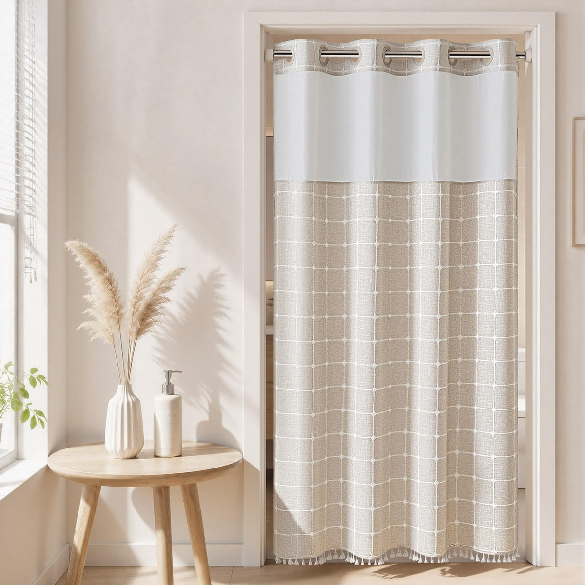 RiverDream Farmhouse No Hooks Shower Curtain with Snap-in Liner, Linen, 54x80