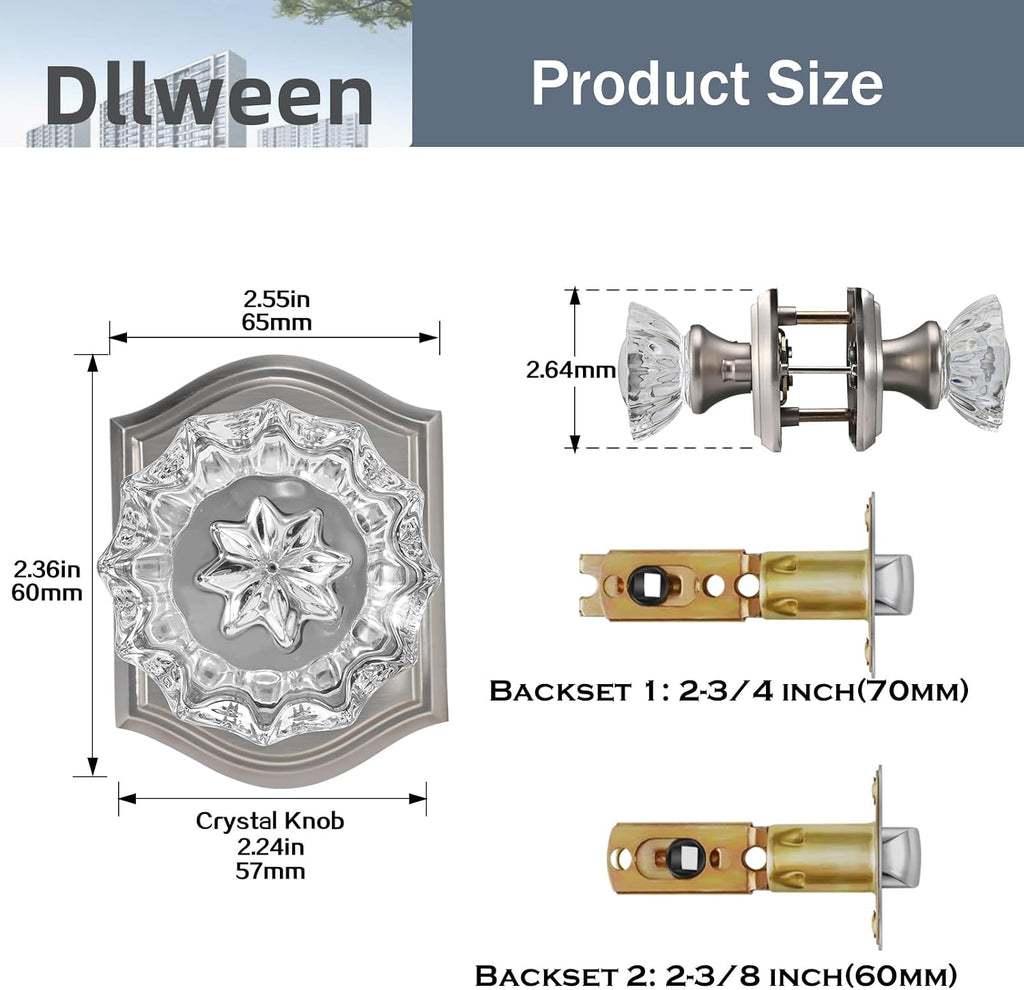 Glass Crystal Door Knob Interior with Lock, Privacy Brushed Nickel Door Knob Bedroom, Satin Nickel