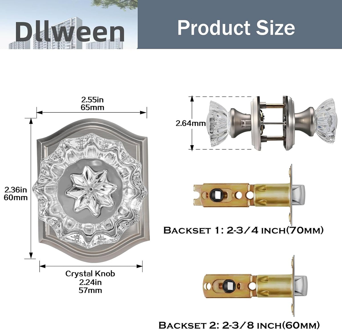 Glass Crystal Door Knob Interior with Lock, Privacy Brushed Nickel Door Knob Bedroom, Satin Nickel