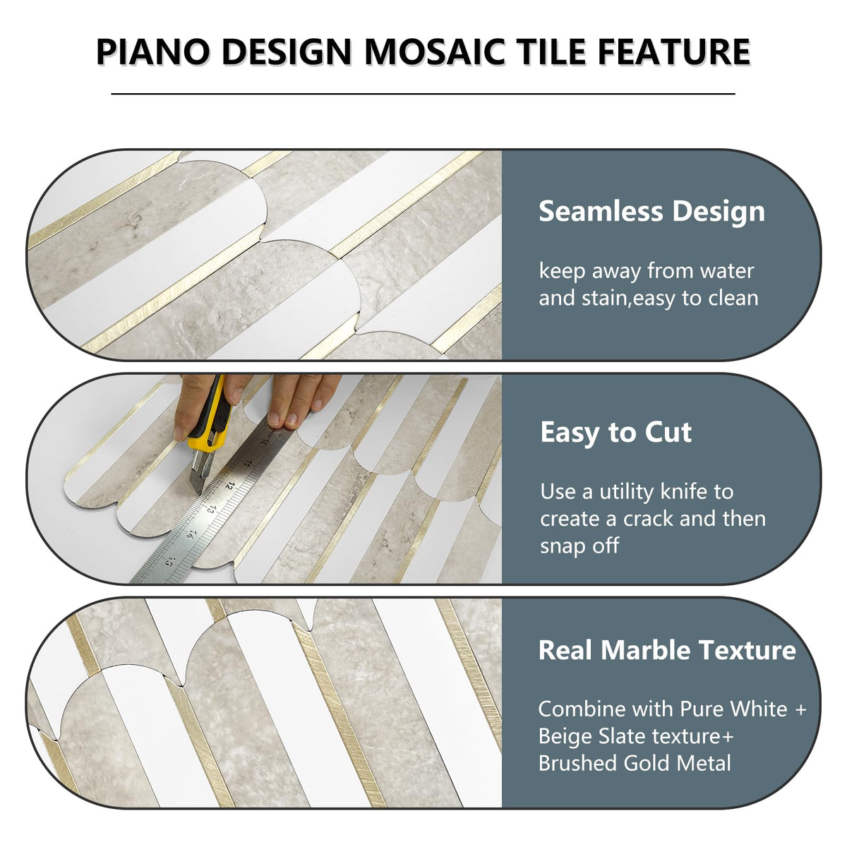 Peel and Stick Backsplash Seamless Tile ,White and Beige Slate PVC Mixed Light Gold Self Adhesive Fish Scale Metal