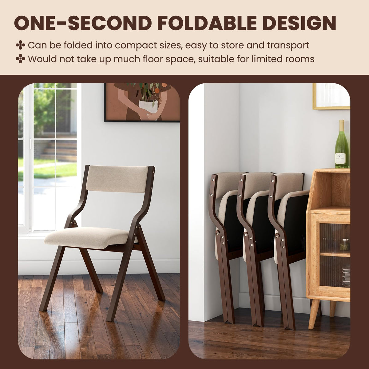Folding Dining Chairs Set of 4, No Assembly Folding Chairs w/Linen Padded Seats, Wood Foldable Kitchen Chairs, Easy