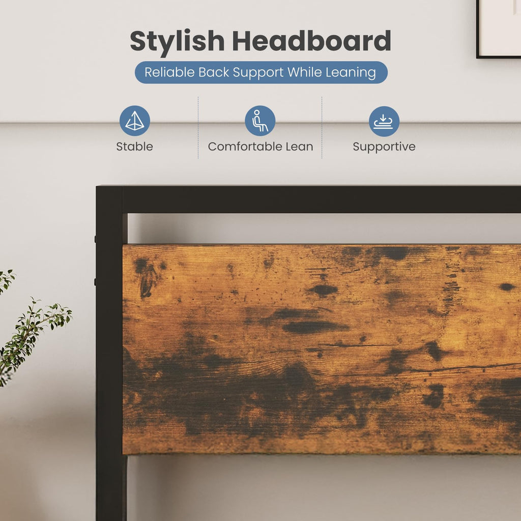 Bed Frame with Wood Headboard, Rustic Platform Bed Metal