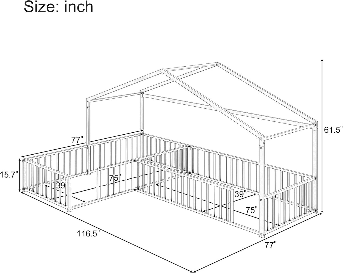 Double L-Shaped Montessori Bed, Metal Corner Hose Bed Frame with Fence, House-Style Floor Bed for 2