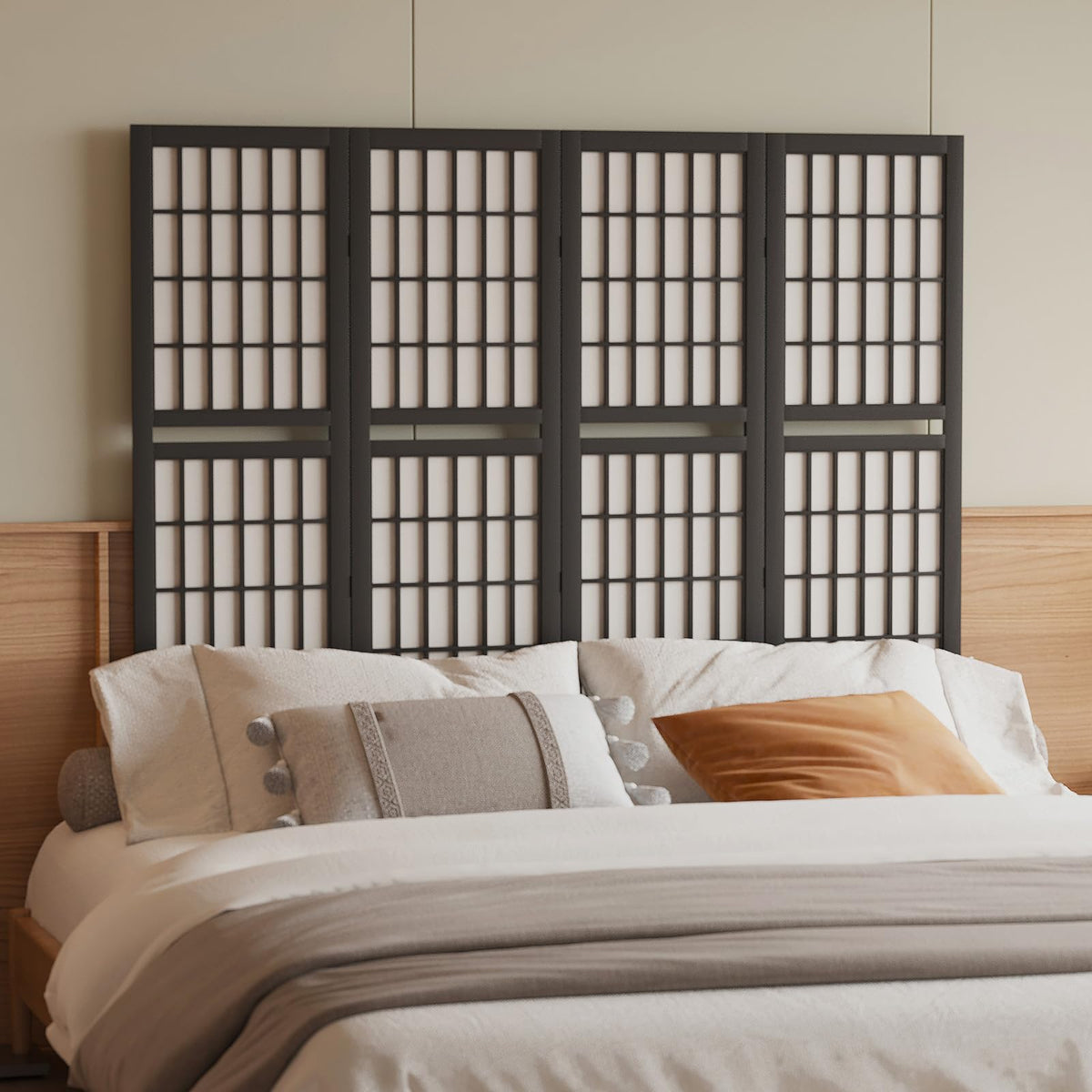 Room Divider with Shelves, 66.9-Inch Tall Japanese Shoji Style Wood Screen with Double Hinges Bedroom Hotel