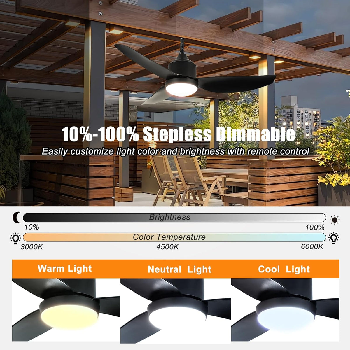42 Inch Black Waterproof Gazebo Fans with Lights Outdoor Hanging - Plug in Remote App Control for Patios Indoor Farmhouse Porch - 6 Speed Reversible DC Motor