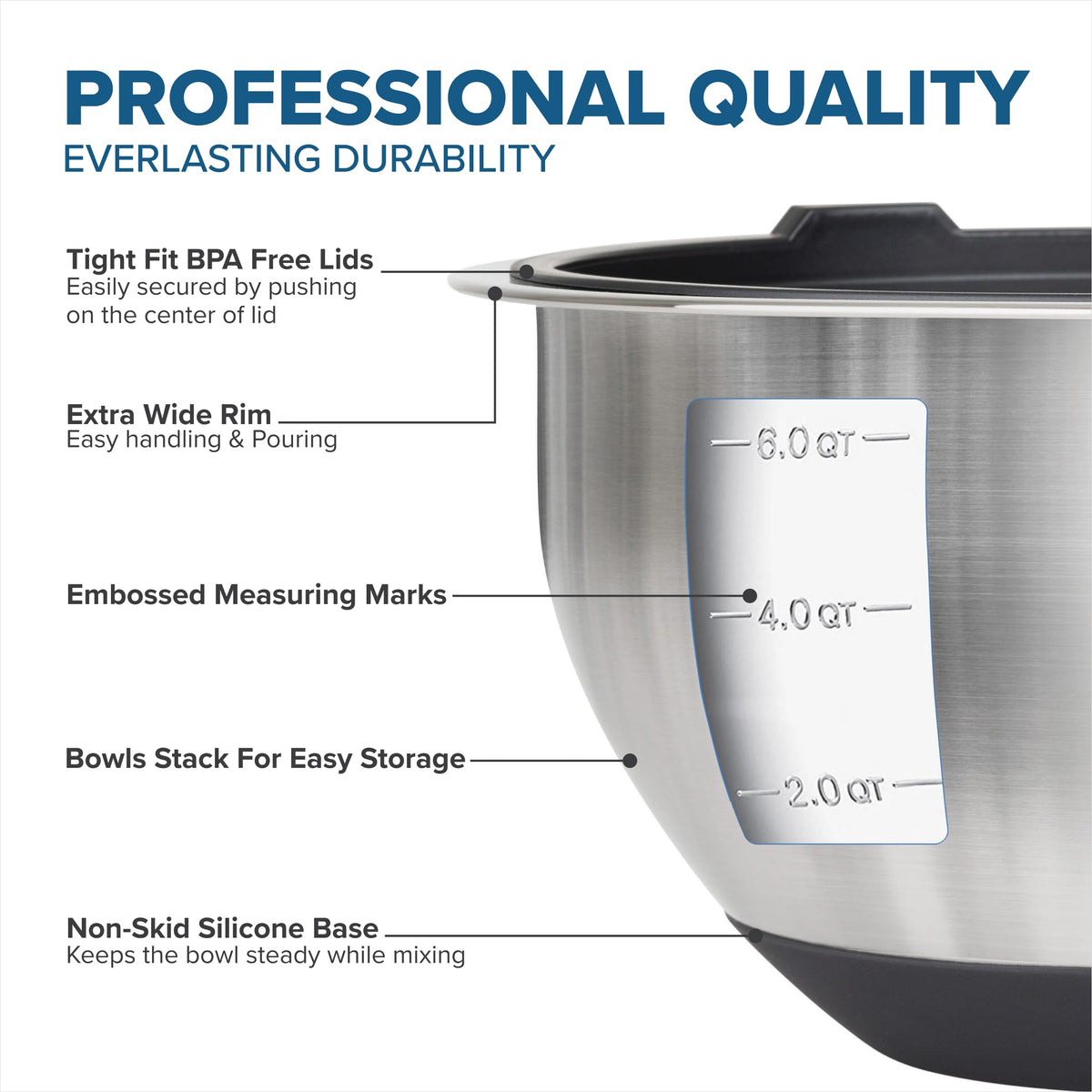 Mixing Bowls Set, 10 Piece Stainless Steel Kitchen Cookware, Non-Slip Silicone Base, Includes Tight Fit Lids