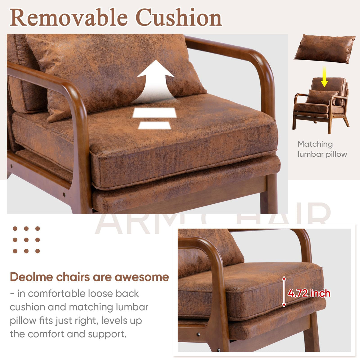 Mid Century Modern Accent Chair Set of 2 Living Room- Comfy Solid Wood Arm Chair with Lumber Pillow Lounge Decorative