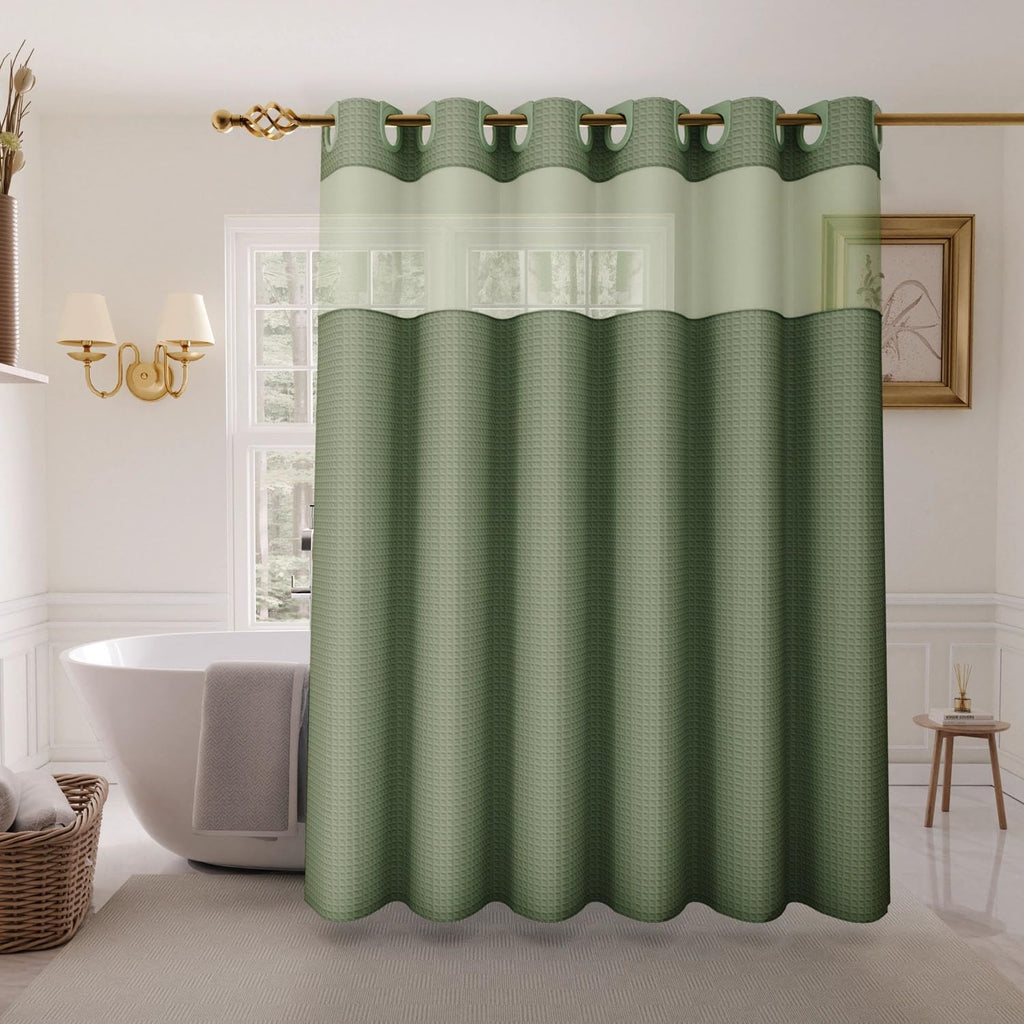 No Hook Shower Curtain with Snap-in Fabric Liner, Waffle Weave 230 GSM Polyester, Weighted Hem, Water Repellent