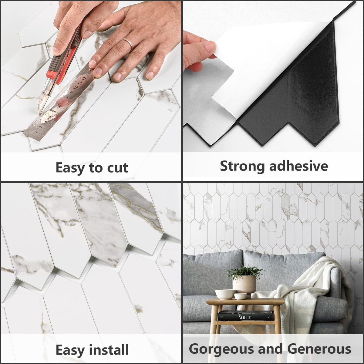 Glossy White Marble with Gold Veining Backsplash Tile Peel and Stick, 12.8 x 12.8 Inch 10 Sheets Long Hexagon PVC