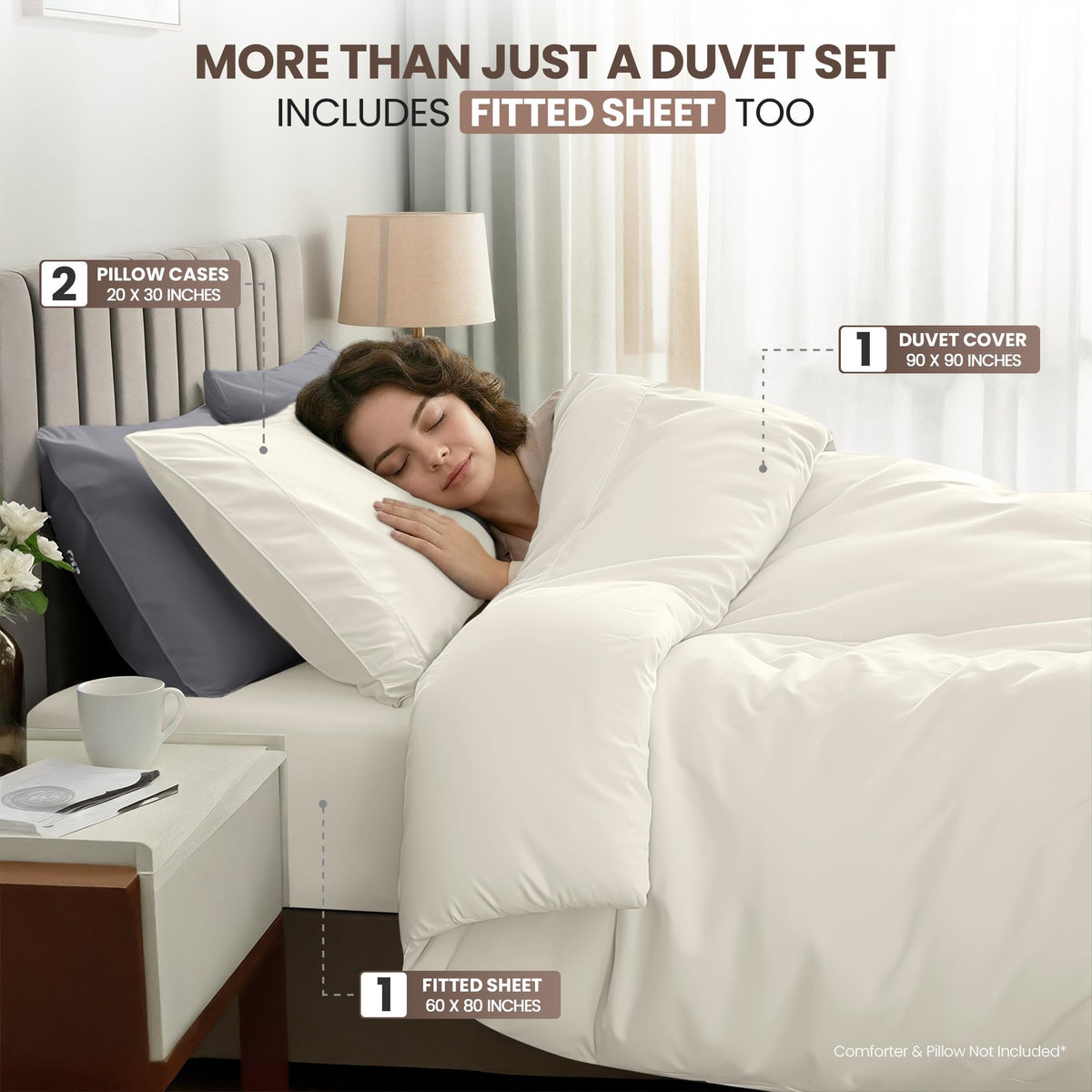 Duvet Cover, 4 PC Cotton Like Polyester With Zipper Closure, Ivory