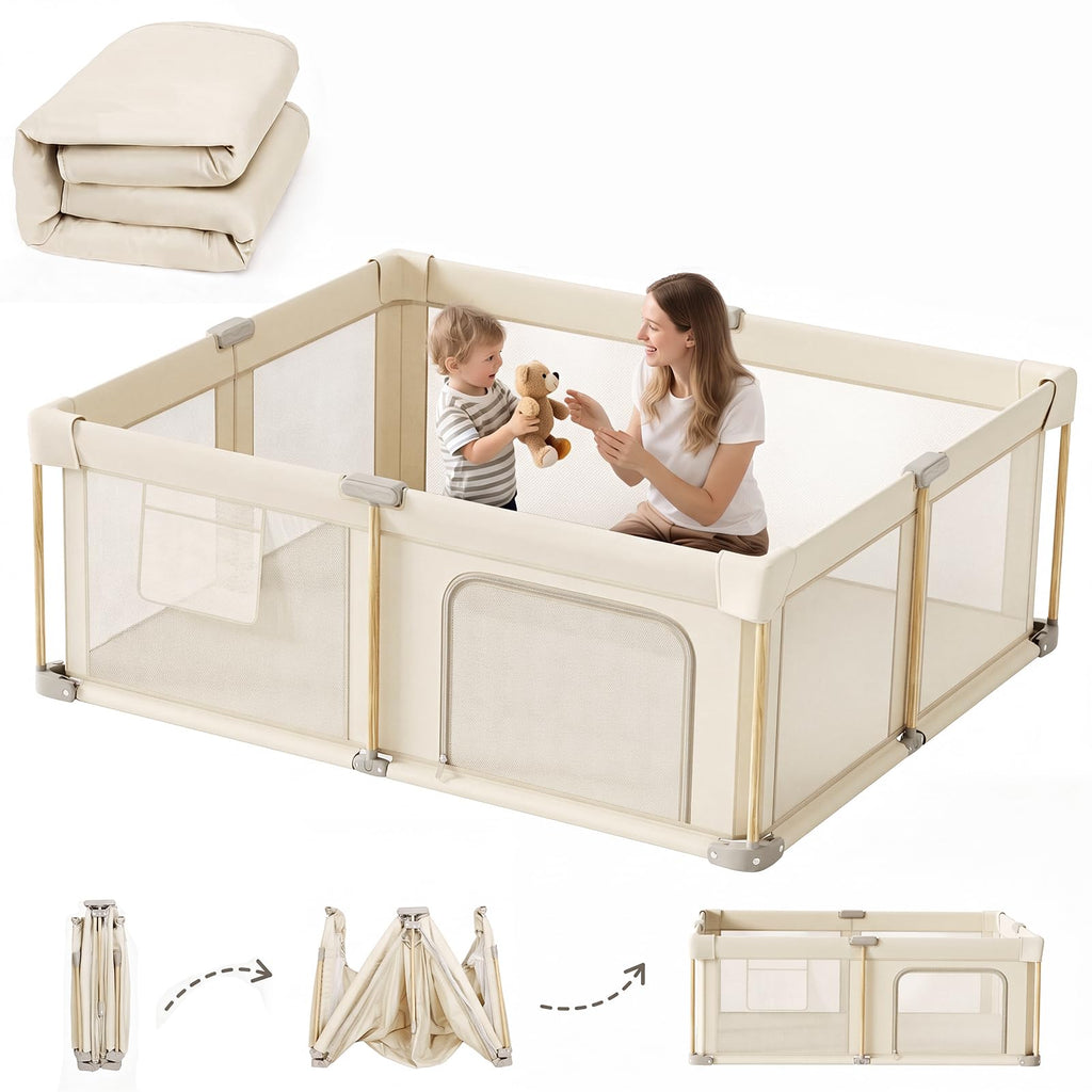 Foldable Baby Playpen with Mat, 71x79 Foldable Play Pen for Babies and Toddlers, Baby Playpen with Portable Design