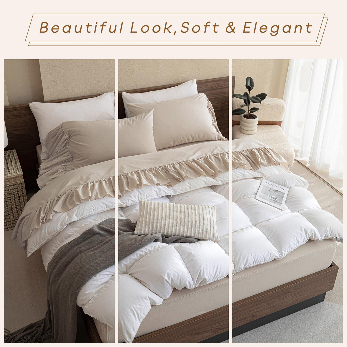 100% Cotton Sheet Set, Ruffle Bed Sheets Linen Feel Textured Farmhouse Shabby Vintage Chic Bedding 4 Pieces