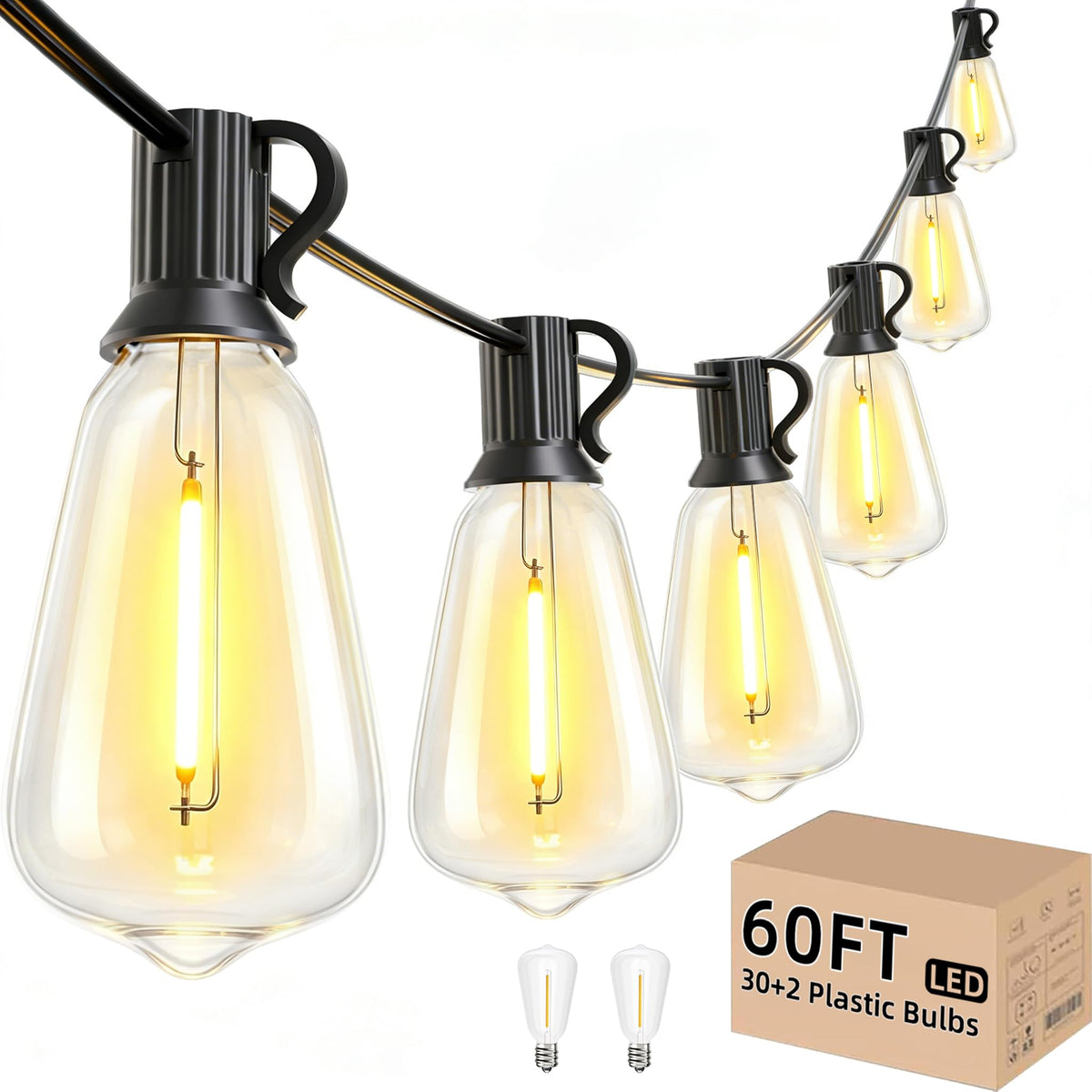 Outdoor String Lights 60 FT, Patio Light Waterproof 32 LED Bulbs