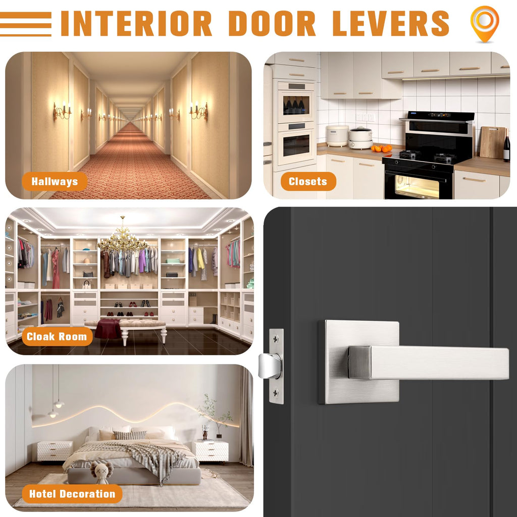 Brushed Nickel Interior Passage Door Handle, Heavy Duty Zinc Alloy Square Door Levers, 15 Pack Handle for Closet &
