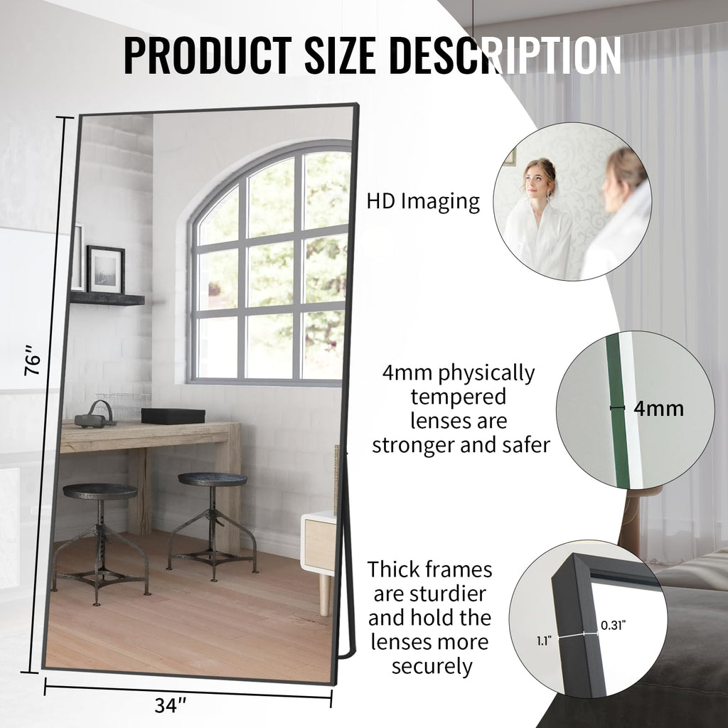 76" x 34" Full Length Mirror with Stand, Black Large Floor Mirror