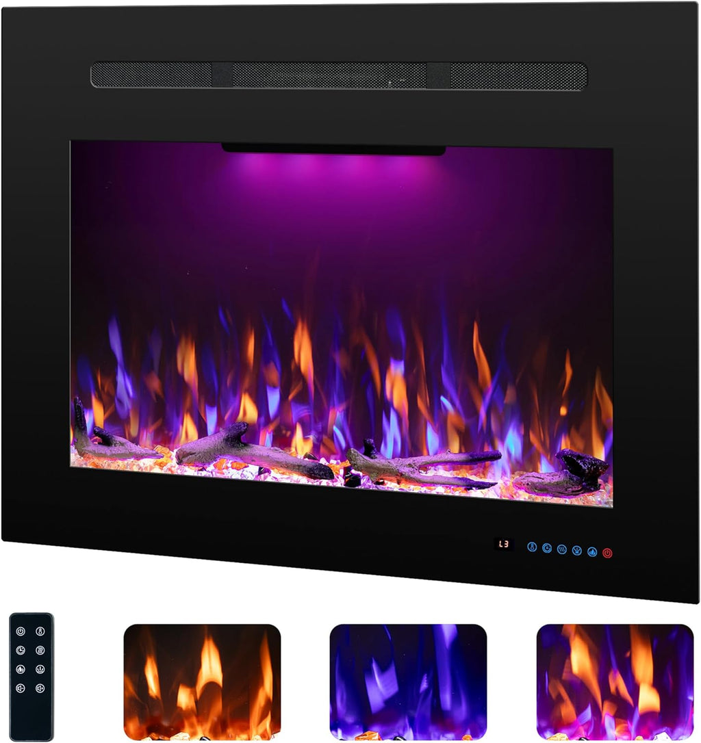 27.1" W Rear Electric Fireplace Inserts with Thermostat, Recessed Fireplace Heater with 3 Flame & Top Light Color
