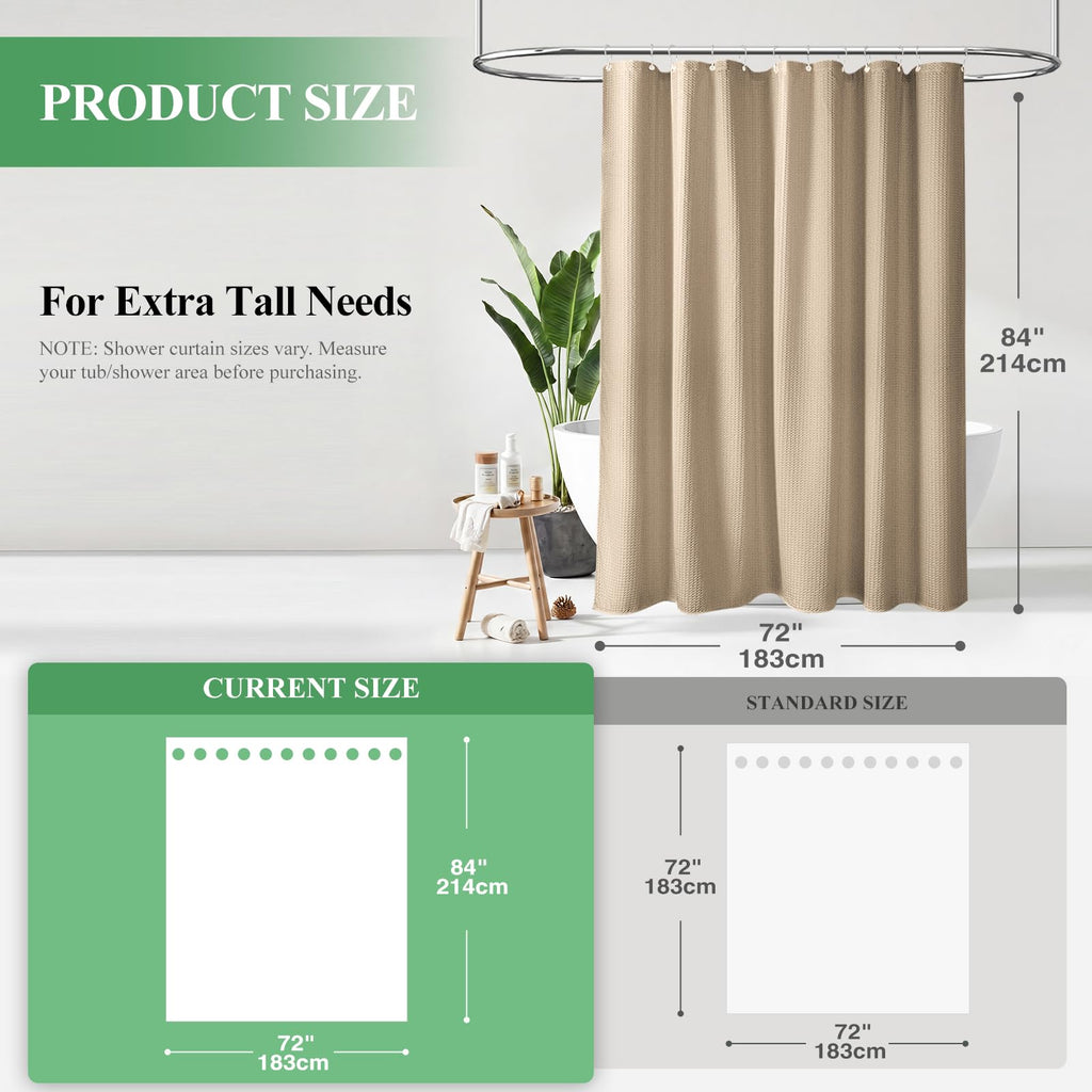 Extra Long Waffle Shower Curtain 256 GSM Fabric 72x84 Beige/Khaki