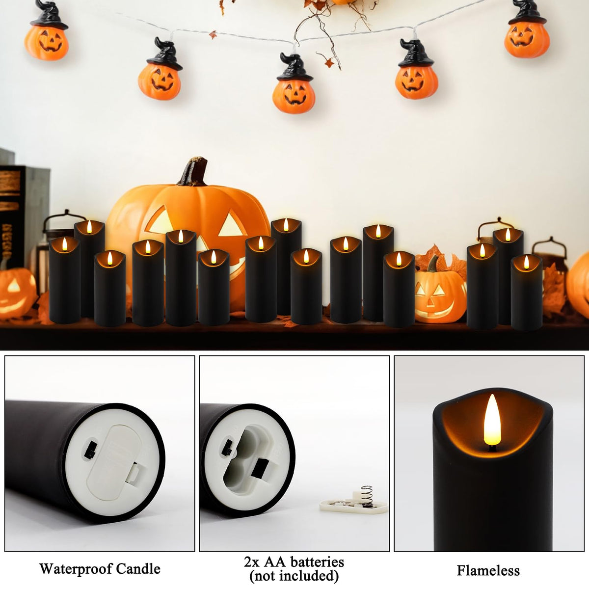 Realistic Flameless LED Candle Black Set of 24, Battery Operated with Remote Control, 3D Flame Pillar Timer Funtion
