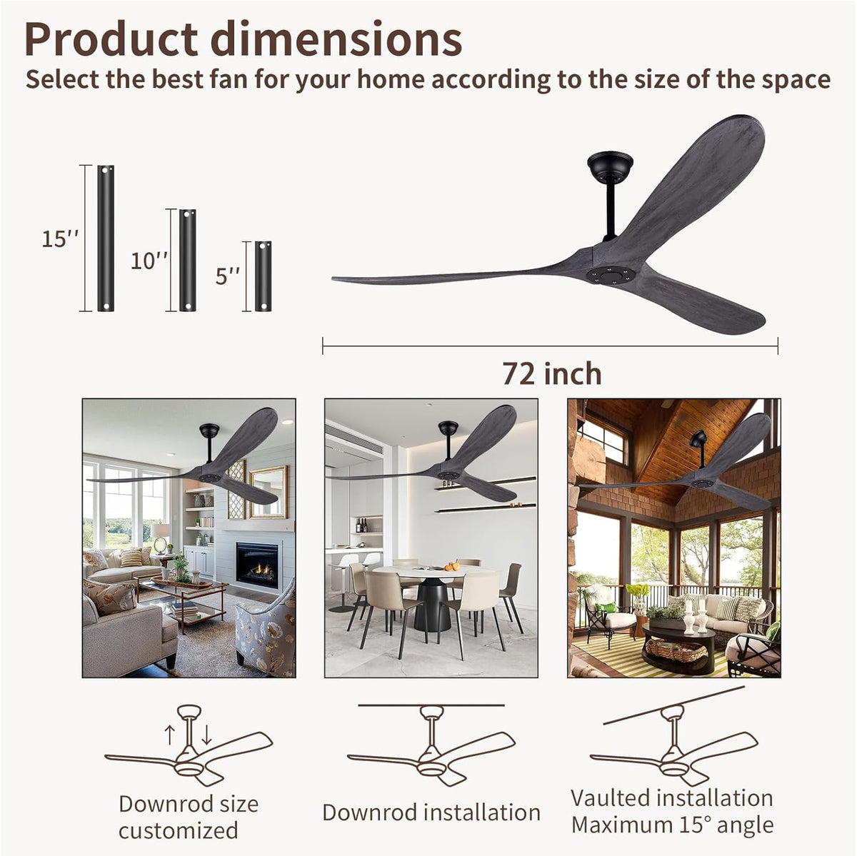 72" Gray Outdoor Ceiling Fan with Remote, No Light